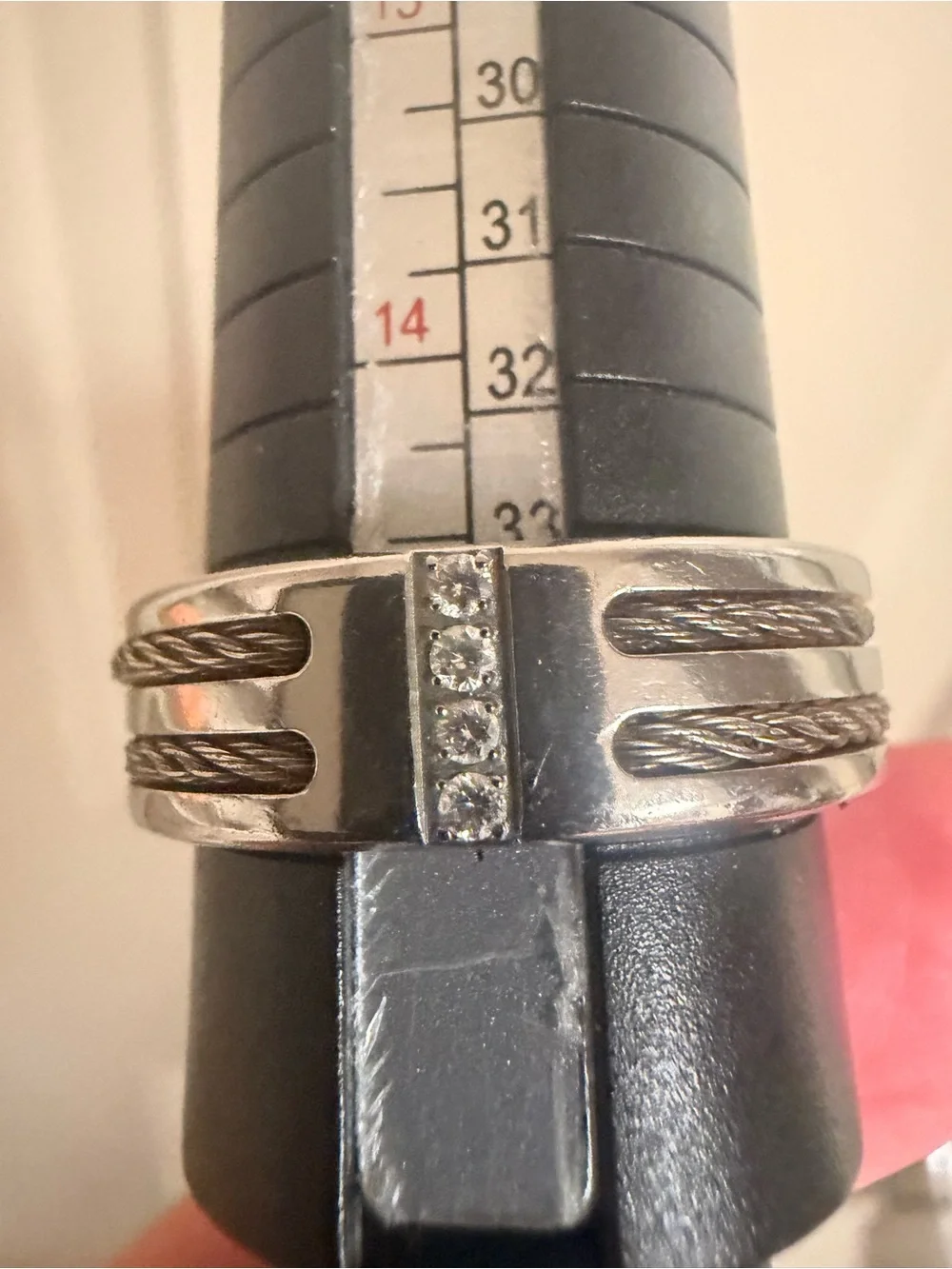Men's Size 15.25 Stainless Steel Silver-Tone Cable Accent Diamond Flakes Band